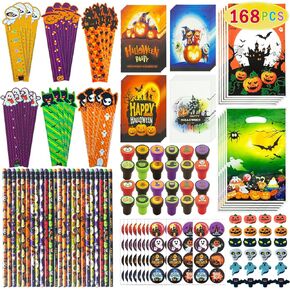 168 PCS Halloween Party Favors,24 Pack Stationery Supplies Set, Halloween Treats for Kids, Halloween Goodie Bag Fillers including Pencils,Erasers,Rulers,Stickers,Stamps,Notepads and Gift Bags