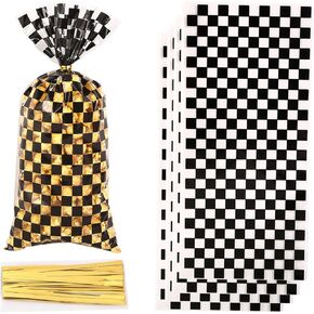 CSTYWC 50 Pieces Cellophane Car Candy Bags Black White Checkered Racing Treat Bags Plastic Race Gift Goodie bags with 50Pieces Twist Ties for Cars Birthday Party Decorations