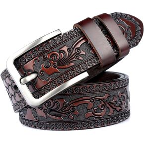 Men Women Western-Engraved-Embossed-Genuine-Leather-Belt - Pin-Buckle Cowboy-Belt for Daily Wear