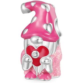 GNOCE ​​Sweet Valentine's Day Gnome Charm for Women, 925 Sterling Silver Bead Charm Bracelet/Necklcae for Her Fit Bracelet, Valentine Mother's Day Jewelry Gift