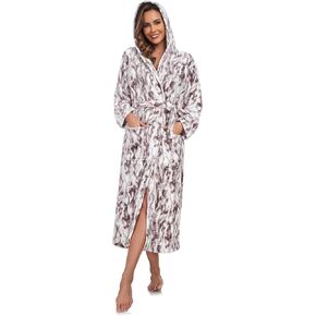 VOGMATE Women Hooded Plush Bathrobe Long Fluffy Fleece Robes with Hood Flannel House Robe