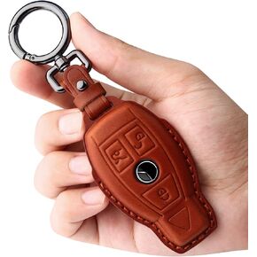 Tukellen for Mercedes Benz key fob cover Genuine Leather with Keychain,Leather key case Protector Compatible C E M S CLS CLK GLK GLC G AMG Series Smart Remote Key,Black