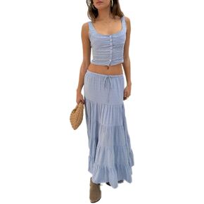 Raruxxin Women 2 Piece Maxi Skirt Sets Summer Y2k Tiered Flowy Ruffle Smocked Beach Long Skirt Sleeveless Tank Cami Tops Set
