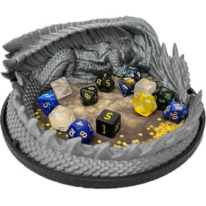 MunnyGrubbers - صينية نرد Dragon's Hoard - V2 - (7 قطع عشوائية D20 نرد متضمنة) - سجن النرد - حامل النرد - بساط لف النيوبرين - هدية DND - هدية D&D - هدية الزنزانات والتنينات - D&D - (فضي)