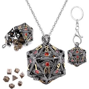 ManChDa Mini Metal DND Dice Set Hollow D20 Necklace Dice DND Case Metal Dice Set DND Keychain 7PCS Dice Set Bronze Green