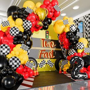 ALL-IN-1 Race Car Balloon Arch Kit with BONUS Trophy & Number 2 - Race Car Balloon Garland Kit for Lightning McQueen Cars 2 Birthday Party Supplies & Hot Wheels Balloon Race Cars Decorations