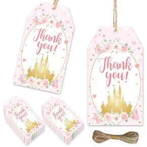 50Pcs Princess Theme Thank You Tags Pink Floral Birthday Thank You Gift Tags Castle Thank You Paper Tags Hanging Labels for Girl Baby Shower Princess 1st 2nd 3rd Birthday Party Supplies