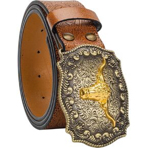 Western Cowboy-Belts for Women Big-Buckle Longhorn-Bull PU-Leather Rodeo Cowgirl-Belt Engraved Floral - Waist 25-38"