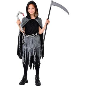 MISS FANTASY Grim Reaper Costume Kids, Girl Grim Reaper Costume with Scythe and Cloak, Halloween Scary Costumes for Girls