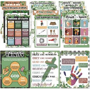 15Pcs Bible Posters for Classroom Sunday School Wall Decor Greenery Christian Books of The Bible Verse Poster Eucalyptus Ten Commandments Poster Set Religious Scripture Bulletin Board Decor(14 x 11in)