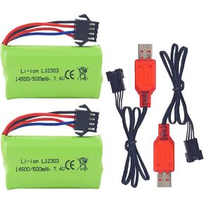 2PCS 7.4V 500mAh Lithium Battery with SM-4P 4 pin Plug USB Charging Cable for EC16 DE85 Remote Control Off Road Truck RC Car