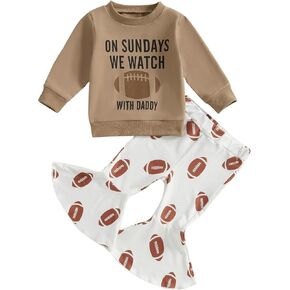 Toddler Baby Girl Football Outfits Game Day Embroidery Sweatshirt Top Football Bell Bottom Pants Cute Fall Clothes