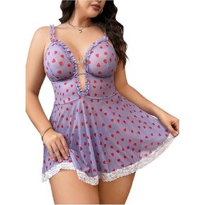 OYOANGLE Women's Plus Size 2 Piece Babydoll Sleepwear Lace Sheer Heart Print Cut Out Slip Dress Chemise Lingerie Set in Saudi Arabia