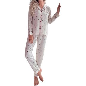 Verdusa Women's 2 Piece Cherry Print Pj Set Button Up Long Sleeve Tops and Pants Sets
