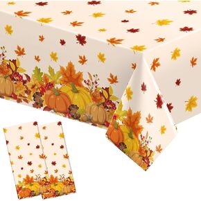 Fall Thanksgiving Tablecloth - 2 Pack Autumn Themed Pumpkin Maple Leaves Table Covers Rectangular Plastic Disposable Table Cloth for Fall Thanksgiving Day Harvest Party Table Decoration 54" x 108"