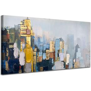 Arjun Abstract Wall Art 3D Textured Skyline Canvas Painting Gold Grey Colorful Modern Cityscape Metropolitan Picture City Artwork Framed Large for Living Room Bedroom Bathroom Home Office Wall Decor