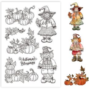 GLOBLELAND Autumn Silicone Clear Stamps Fall Pumpkin Scarecrow Maple Leaf Transparent Stamp Seals for Card Making DIY Scrapbooking Journaling Decoration 11x16cm/4.3x6.3in