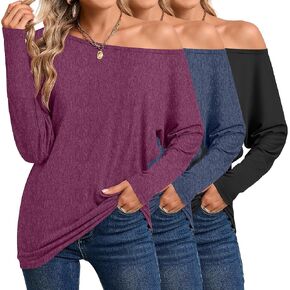 Riyiper 3 Pack Women's Off The Shoulder Tops, Long Sleeve Shirts Casual Dolman Tunics Tee Blouses Loose Pullover Tunic Tops