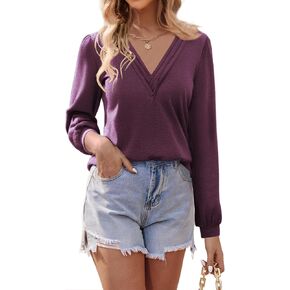 Womens Dressy Casual Fall Shirts V Neck Long Sleeve Tops Puff Sleeve Loose Tunic Trendy Tops Blouses