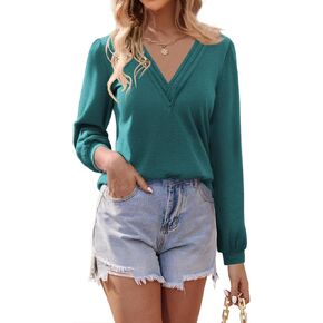 Womens Dressy Casual Fall Shirts V Neck Long Sleeve Tops Puff Sleeve Loose Tunic Trendy Tops Blouses