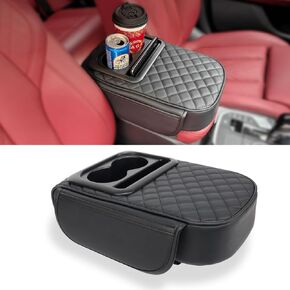 Armrest box cover pad (with water cup holder) upgraded with side bags (Black Universal with side pocket).Universal Car Armrest Box Cover Protector for Most Vehicles, Breathable Armrest Pad for Drives
