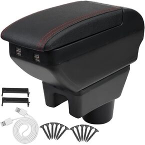 Consoles Armrest Compatible with Mitsubishi Mirage Attrage 2014-2024 Center Console Box with USB Charge Armrest Box Accessories Black with Red Stitching