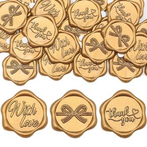 SWANGSA Blessing Wax Seal Stickers, 60Pcs with Love Thankyou Bow Antique Gold Stickers, Self Adhesive for Wedding Party Invitation, Greeting Cards, Gift Wrapping