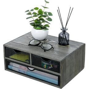 MyGift Vintage Weathered Gray Solid Wood Desktop Organizer Box with 3 Removable Black Metal Mesh Trays, Office Desk Supplies Storage Drawers for Accessories