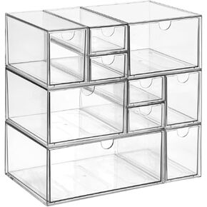 Cosmetic Desk Stackable Storage, Clear Plastic Drawer Storage With 10 Drawers, 4 Different Sizes, Suitable For Desktop, Cosmetics, Pens, Stationery, Jewelry, Crafts Storage And Organization