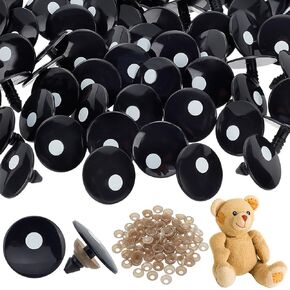 PH PandaHall 50 Pairs Plastic Safety Eyes, 24mm Craft Animal Eyes Flat Round Stuffed Crochet Eyes with Spacer Black Kawaii Safety Eyes for Amigurumi, Puppet, Plush Animal and Teddy Bear
