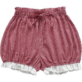 Women's Gingham Lace Bloomer Shorts Ruffle Bow Tie Front Pajama Bottoms Y2K Elastic High Waist Track Pumpkin Shorts