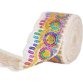 10 Yards(9.1m) White Ethnic Style Sequins Lace Mesh Trim, 2.4inch(6.1cm) Wide Sparkle Beaded Lace Trim Rainbow Tassel Lace Ribbon Applique for Clothing Curtain Table Runner Sewing