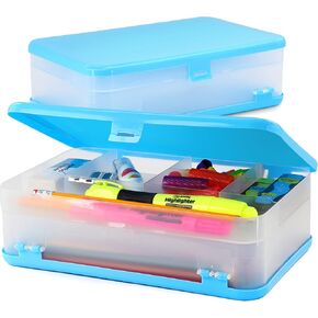 Enday Pencil Box Blue, Large Capacity Plastic Double Deck Box with 12 Compartments, Plastic Pencil Box with Snap-Tight Lid, Hard Pencil Case Storage Organizer Pencil Boxes