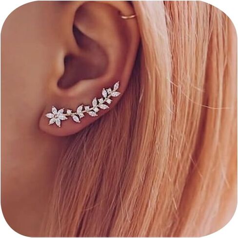 Sparkly 14K Gold Plated Cubic Zirconia Ear Crawler Earrings Crystal Leaf Ear Climber Earrings Faux Diamond Flower Fashion Simple Chic Stud Earrings in Rose Gold White Gold and Yellow Gold (Gold) in Kuwait
