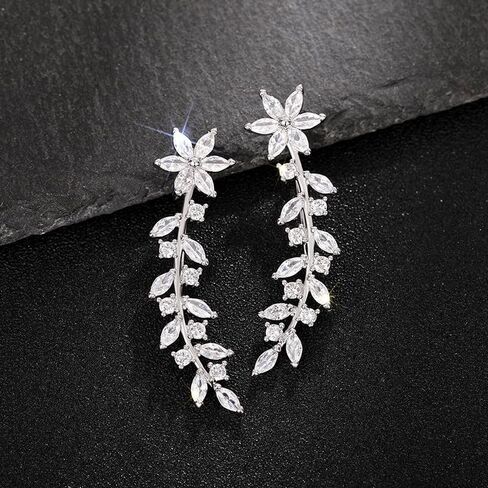 Sparkly 14K Gold Plated Cubic Zirconia Ear Crawler Earrings Crystal Leaf Ear Climber Earrings Faux Diamond Flower Fashion Simple Chic Stud Earrings in Rose Gold White Gold and Yellow Gold (Gold) in Kuwait
