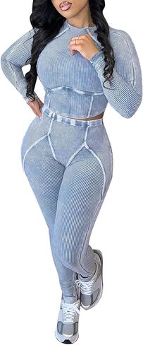 Women Casual Workout 2 Piece Sets Ribbed Elastic Long Sleeve Crop Top High Waisted Leggings Lounge Gym Outfits in Kuwait