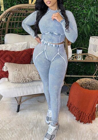 Women Casual Workout 2 Piece Sets Ribbed Elastic Long Sleeve Crop Top High Waisted Leggings Lounge Gym Outfits in Kuwait
