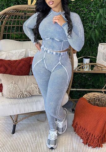 Women Casual Workout 2 Piece Sets Ribbed Elastic Long Sleeve Crop Top High Waisted Leggings Lounge Gym Outfits in Kuwait