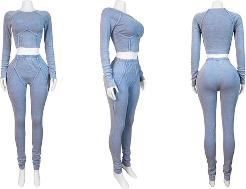 Women Casual Workout 2 Piece Sets Ribbed Elastic Long Sleeve Crop Top High Waisted Leggings Lounge Gym Outfits in Kuwait