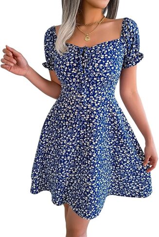 Women's Summer Dress, Mini Floral Blue Short Sexy Flowy Summer Dress, Casual Beach Dress in Saudi Arabia