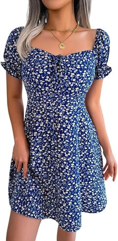 Women's Summer Dress, Mini Floral Blue Short Sexy Flowy Summer Dress, Casual Beach Dress in Saudi Arabia