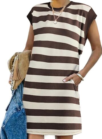 AlvaQ Womens Striped Summer Dresses 2024 Crewneck Cap Sleeve Color Block Casual A Line Tshirt Dress with Pockets in Saudi Arabia