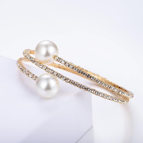 GIGB PBDK Sparkling Zirconia Pearl Layered Bangles Bracelet for Women Lady,1920s Rhinestone Faux Pearl Cuff Adjustable Bracelet,Wedding Gift for Bride in Saudi Arabia