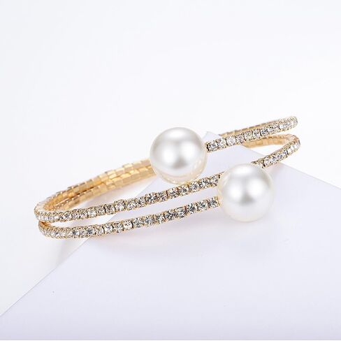 GIGB PBDK Sparkling Zirconia Pearl Layered Bangles Bracelet for Women Lady,1920s Rhinestone Faux Pearl Cuff Adjustable Bracelet,Wedding Gift for Bride in Saudi Arabia