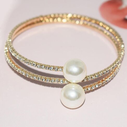 GIGB PBDK Sparkling Zirconia Pearl Layered Bangles Bracelet for Women Lady,1920s Rhinestone Faux Pearl Cuff Adjustable Bracelet,Wedding Gift for Bride in Saudi Arabia
