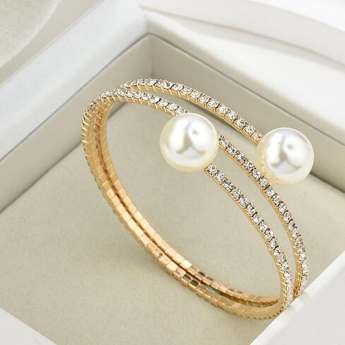 GIGB PBDK Sparkling Zirconia Pearl Layered Bangles Bracelet for Women Lady,1920s Rhinestone Faux Pearl Cuff Adjustable Bracelet,Wedding Gift for Bride in Saudi Arabia