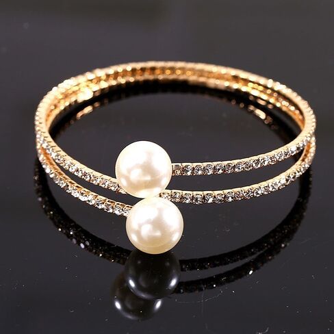 GIGB PBDK Sparkling Zirconia Pearl Layered Bangles Bracelet for Women Lady,1920s Rhinestone Faux Pearl Cuff Adjustable Bracelet,Wedding Gift for Bride in Saudi Arabia