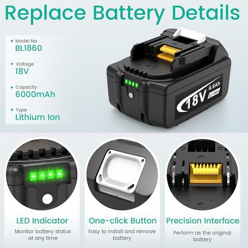 18V 6.0Ah Replace Battery for Makita 18V Battery, 2 Packs 18V 6000mAh Lithium Battery with LED Indicator Compatible with Makita 18Volt BL1860 BL1850 BL1840 Cordless Power Tools and Charger in Saudi Arabia