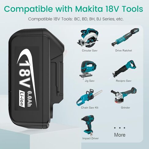 18V 6.0Ah Replace Battery for Makita 18V Battery, 2 Packs 18V 6000mAh Lithium Battery with LED Indicator Compatible with Makita 18Volt BL1860 BL1850 BL1840 Cordless Power Tools and Charger in Saudi Arabia