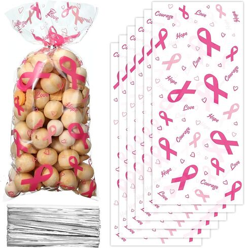 Outus 100 Pieces Breast Cancer Awareness Cellophane Treat Bags Pink Cellophane Bags Hope Courage Love Goodie Bags with 100 Silver Twist Ties for Business Event Charity Party Supplies in Saudi Arabia